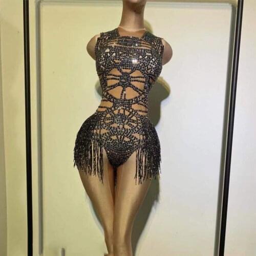 Nightclub Female Singer Full Diamonds Tassels Bodysuit Gogo Dancer Stage Performance Dress Pole/Jazz Dancing Clothes DWY5558