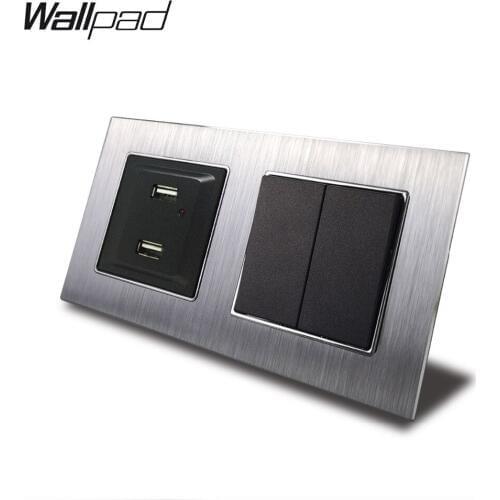 2 Gang Switch and USB Port Wallpad 110V-240V AC Silver Metal Panel 2 Push Button 2 Way Switch + USB Charging Port with Clips