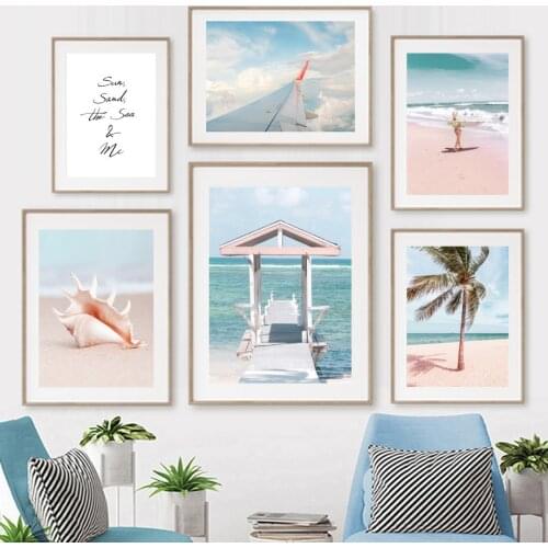 Palm Seagull Shell Beach Surfboard Airplane Boat Posters and Prints Wall Art Canvas Painting Wall Pictures for Living Room Decor