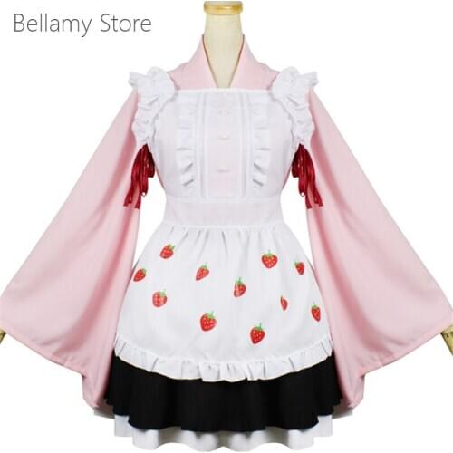 Hand made Lolita Lace ruffled skirt Sakura strawberry and wind long sleeve maid kimono set