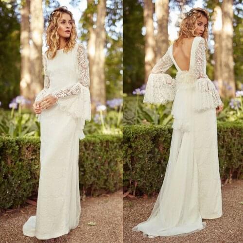High Neck Scattered Lace Bell Long Sleeves Ivory Sheath Wedding Dress Open Back Sexy Bridal Dress robe mariage femme