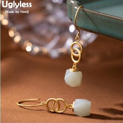 Uglyless Circles Crossed Earrings for Women Faceted Square Dangle Earrings Gold Plate Real 925 Silver Brincos Fine Jewelry E1406