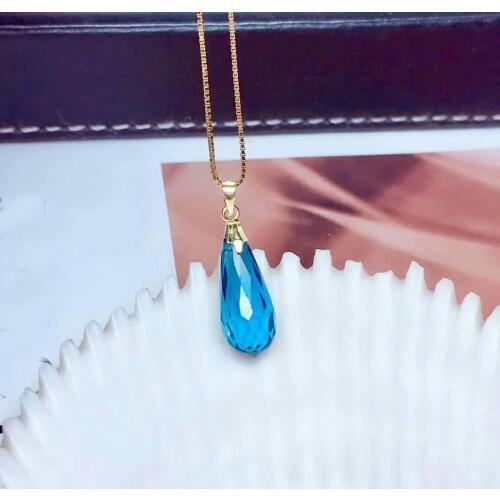 SHILOVEM 18k YELLOW gold Piezoelectricity blue topaz pendants none necklace classic fine Jewelry women plant 7*18mm mz0718550b