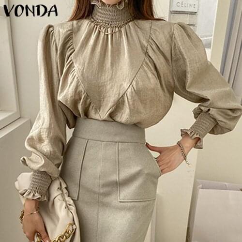 Women Elegant Blouse Casual Long Flare Sleeve Turtleneck Solid Color Tops 2021 VONDA Female Bohemian Blusas Femininas Plus Size