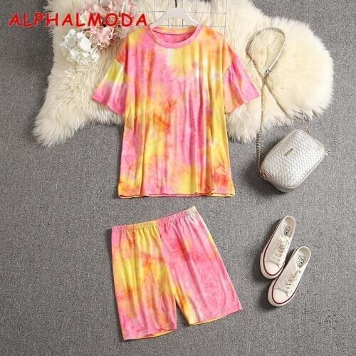ALPHALMODA 2020 Summer Women Trendy Tie-dye Tshirt Shorts 2pcs Set Colorful Girls Fashion Lounge Wear 2pcs Suit