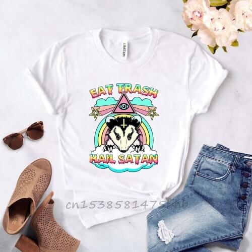 Funny Women Trash Raccoon T Shirt Eat Trash Hail Satan T-Shirts Aesthetic Top Tees Premium COTTON Lady Tee Shirts