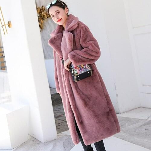Wool Blends Womens Jacket Faux Rabbit Fur Coat Winter Women Long Jackets High Quality Luxury Coat Female Loose Lapel Plush Coat