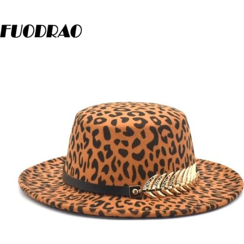 FUODRAO New Leopard Print Fedora Hats For Women Wool Flat Top Bowler Hat Wide Brim Cowboy Hat Women Jazz Cap P14