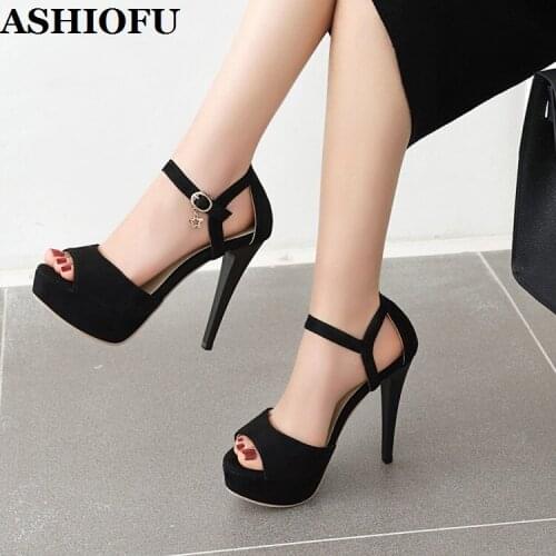 ASHIOFU Hot Sale Handmade Ladies High Heels Sandals Faux Black Suede Party Summer Shoes Sexy Platform Evening Fashion Sandals