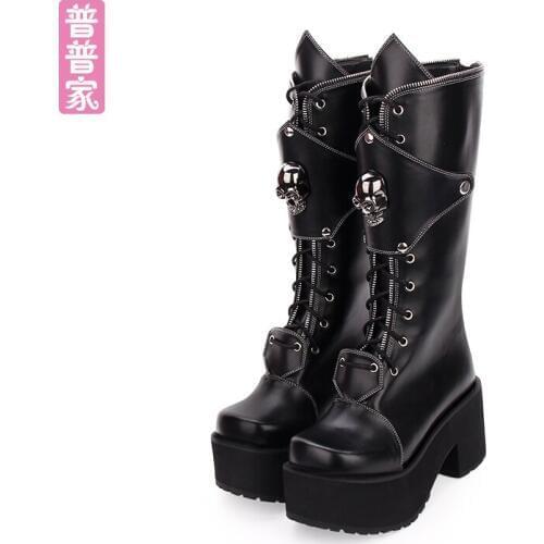 Princess sweet punk shoes Gothic wind winter and autumn zipper rivet skull punk thick bottom high boots fashion women pu910