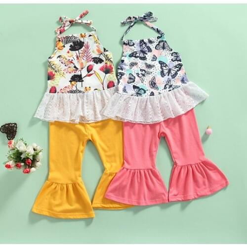 1-4Y Fashion Kids Girls Summer Clothes Sets 2pcs Butterfly Floral Sleeveless Crop Tops + Solid Flare Pants Outfit