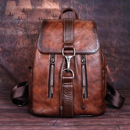 Natural Skin Women Backpack for Girls School Book Bags Daypack Knapsack Retro Female Travel Laptop Bag Genuine Leather Rucksack
