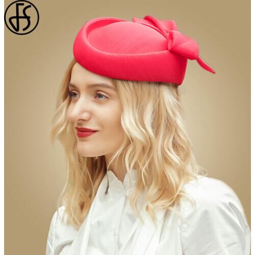 FS Fascinators For Wedding Women Red Church Hats White Black Ladies Elegant Bow Berets Caps Cocktail Pillbox Hat Chapeau Fedora