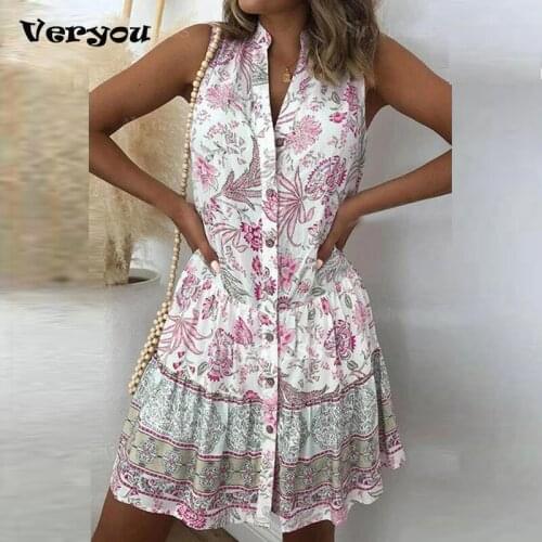 Women Elegant Stand Collar Button Dress 2021 Summer Casual Floral Print Sleeveless Shirt Dress Sexy Patchwork A-Line Beach Dress