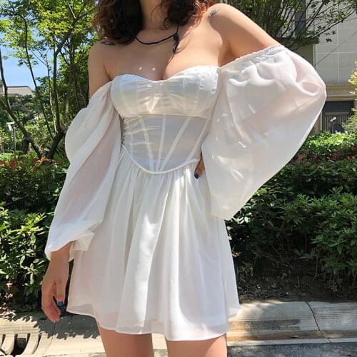 New Square Neck Puff Sleeve Mesh Women Dress Backless Ruffle Folds Female White Dresses 2021 Summer Ladies Sweet Vestidos