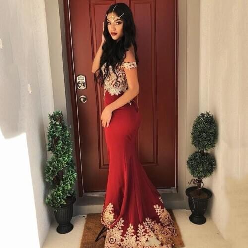 New Wine Red Mermaid Evening Dresses 2021 Sexy Sweetheart Off Shoulder Gold Appliques Long Prom Formal Gowns Robe De Soriee