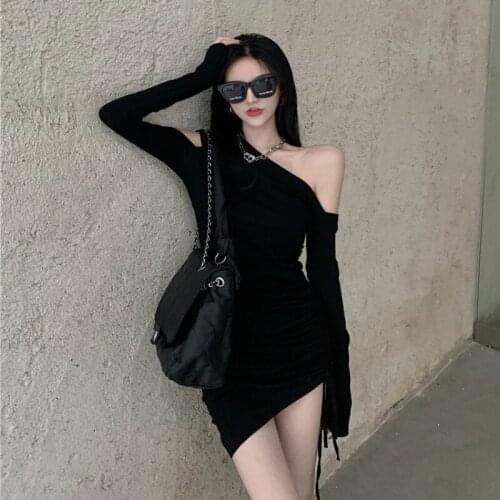 2021Korean Fashionn blackDress Women Sexy Spring AutumnOblique Collar Long Sleeve Elegant FoldPleayed Short Party Mini Dress