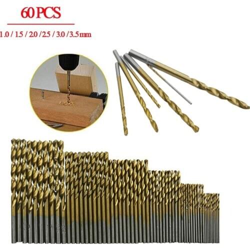 60pcs1/1.5/2/2.5/3/3.5mm HSS Drill Bit Set Titanium Coated High Speed Steel Mini Macro Drill Bits Steel Twist Drill Bits Set Woo
