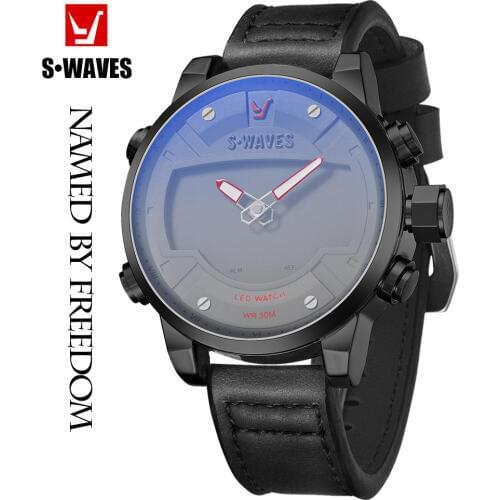 Leather Black Gray Wristwatch Mens Unique LED Water Resistant Military Watch Men Alarm Clock Quartz Clock Men Watch SWAVES Brand
