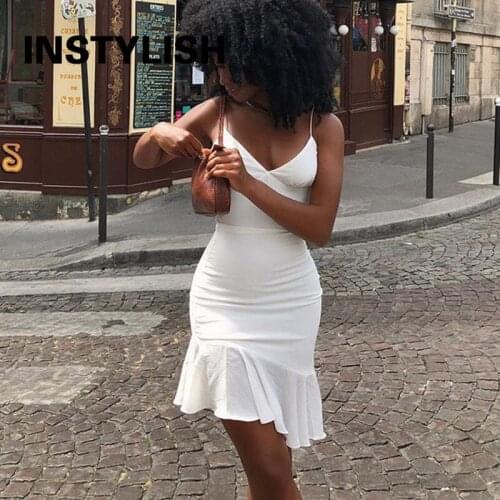 Instylish Women Summer Elegant Sling Stitching Ruffles Mini Dress Sexy Sleeveless V Neck Sundress Casual Beach Party Club Dress