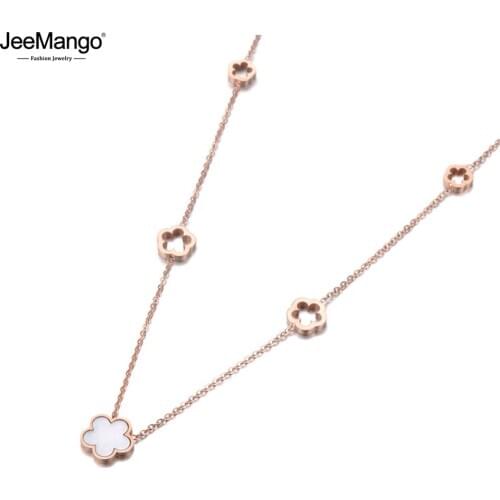 JeeMango Original Design Titanium Steel 5Pcs Flower Charm Pendant Jewelry Rose Gold Shell Wedding Necklaces For Women JN19100
