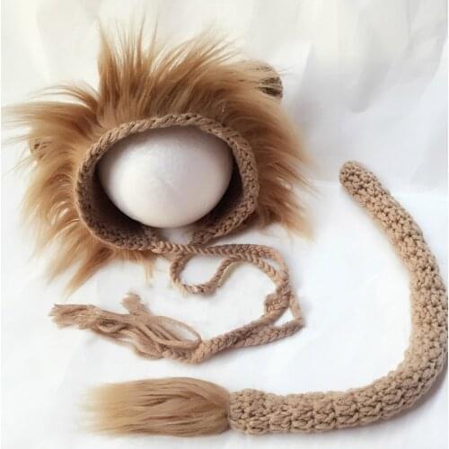 2 Pcs Baby Props Lion Hat Tail Set Newborn Photography Costumes Handmade Knitted Clothes Boys Girls Photo Shooting Outfits