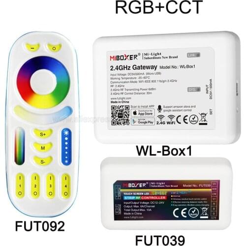 Miboxer RGB CCT (RGB+Cool White+Warm White) Controller DC12-24V FUT039 + Milight 2.4G RF Wireless RGB+CCT 4-Zone Touch Remote