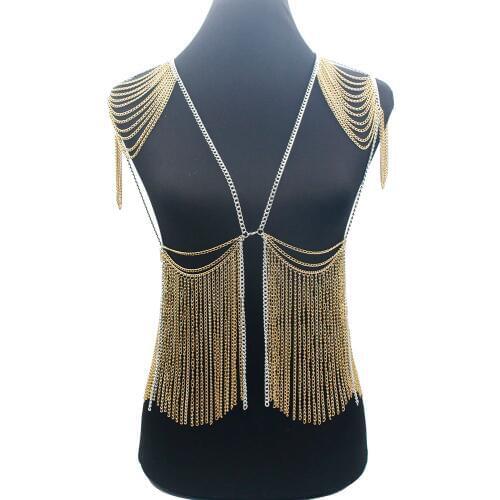 New Long Halter Lingerie Sexy Show Girl Shoulder Necklace Exotic Bra Chain Harness Slave Full Sexy Body Jewelry BY240