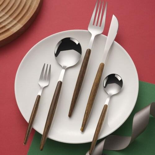 20Pcs Wood Steak Knife for Kitchen Stainless Steel Dinnerware Glossy Wood Cutlery Western Food Knife fork Teaspoon Cutlery Set