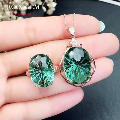 Procogem Green Crystal Quartz Jewelry sets for Women Party Necklace Rings Big Oval gems vvs 925 Sterling Silver #697