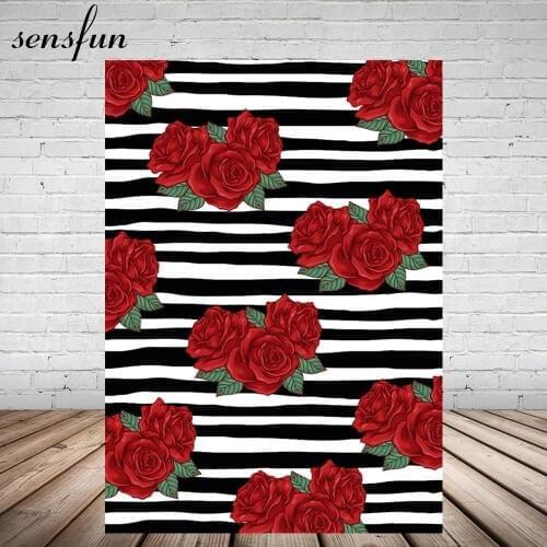 Sensfun Red Rose Flower Photography Backdrop Black And White Striped 5x7FT Vinyl Backgrounds For Photo Studio Photocall