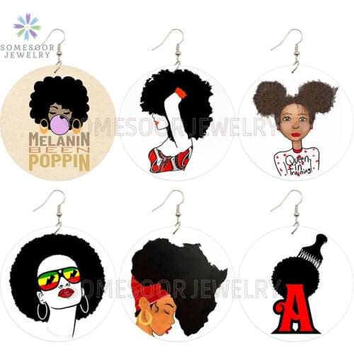 SOMESOOR Melanin Been Poppin African Wooden Drop Earrings Afrocentric Ethnic Queen Bubble Gum Girl Design Jewelry For Women Gift