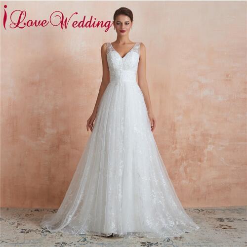 A Line Wedding Dresses V Neck Lace Bridal Gowns Custom made Boho Robe de mariee Bride Dresses