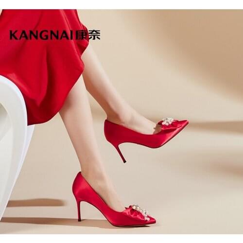 KANGNAI Wedding Shoes Women High Heels Bow-knot Pearl Shallow Pumps Red Ladies Party Bride Shoes