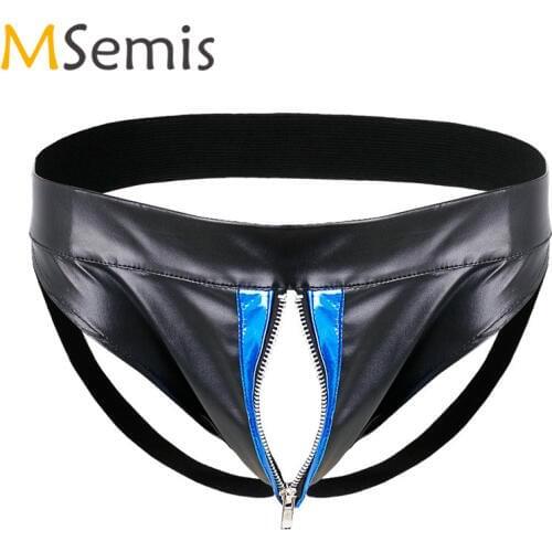 Sexy Mens Lingerie Faux Leather Panties Men Open Butt Zipper Pouch Panties Bikini Briefs Jockstrap Exotic Cuecas Gay Underwear