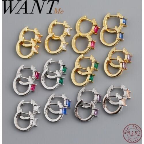 WANTME Genuine 925 Sterling Silver Luxury Square CZ Green Red Round Ear Buckle for Fashion Women Chic Korean Party Jewelry Gift