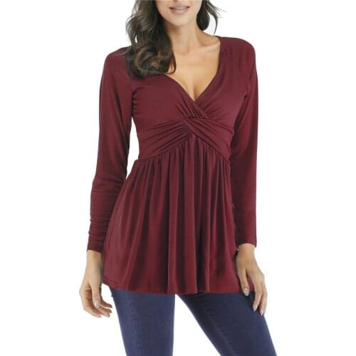 Woman Top Tee Casual V-neck Woman T-shirt Autumn Winter Woman Shirt Long Sleeve Pullover