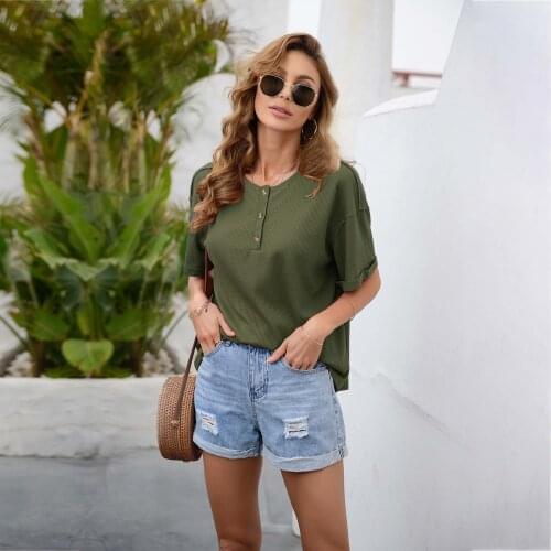 Women Summer Short Sleeve T-Shirt Solid Color Button Up O-Neck Clothes Loose Casual Female Tops