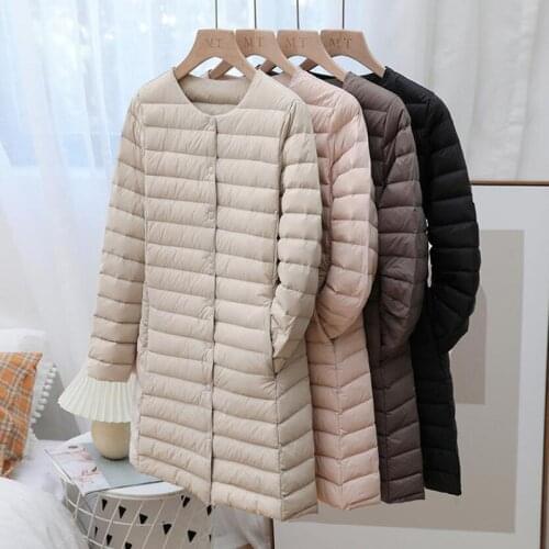Womens Long Ultra Light Down Jacket Winter Plus Size V-neck Single-breasted Long Sleeve Jacket Warm Parka Women Outerwear