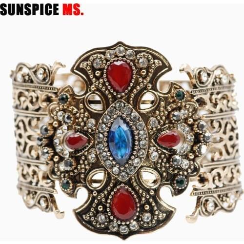 Sunspicems Elastic Bangle For Women Antique Gold Color Turkish Resin Cuff Bracelets Bronze Indian Wedding Jewelry Gift Wholesale