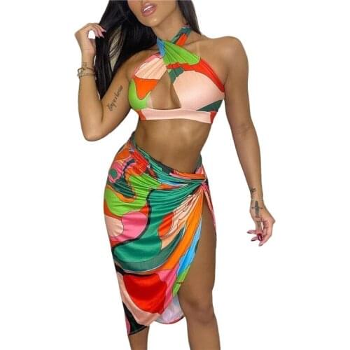 2021 Women Print Ruched Swimsuit Beach Wear Wrap Top And Skirt Two Piece Set Backless Sleeveless Matching Set Club Outfits