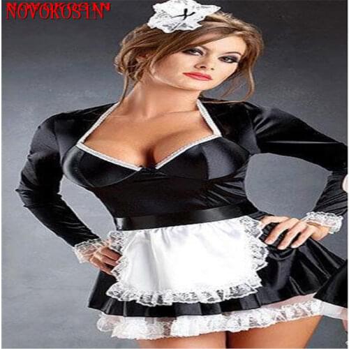 2019 France Pu Maid Role-Playing Cosplay Costumes Women Long Sleeves Sexy Faux Leather Pinafore Dress With White Apron Headband