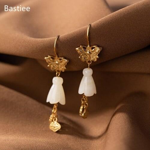 Bastiee Flower Silver 925 Jewelry 925 Sterling Silver Earrings Dangle Earrings Vintage Korean Earrings Golden Plated Jade