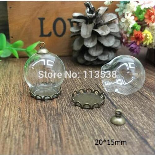 Free ship 50sets/lot 20*15mm diy clear glass globe bronze lace base glass vial pendant glass cover charm pendants jewelry making