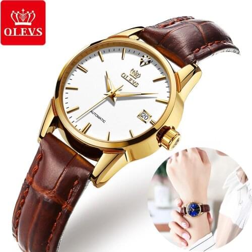 OLEVS Women Automatic Mechanical Watch Watches for Women Brown Leather Ladies Watches Casual Luminous Waterproof WristWatch