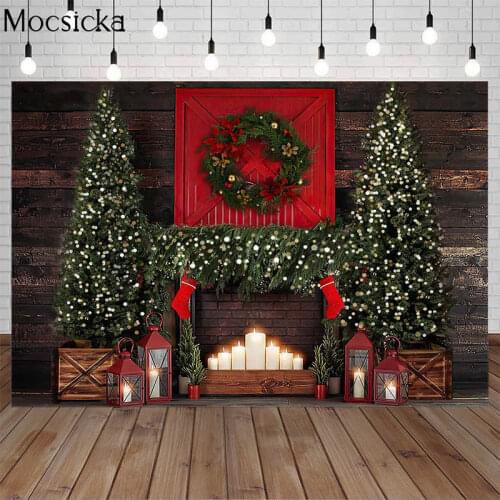 Merry Christmas Photography Background Brown Wood Wall Xmas Fireplace Candle Christmas Tree Backdrop Child Portrait Photo Studio