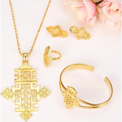 Ethiopian 5.6cm*3.1cm Pendants & Earrings&Ring Set 24k African Gold Corss Symbol Jewelry Set