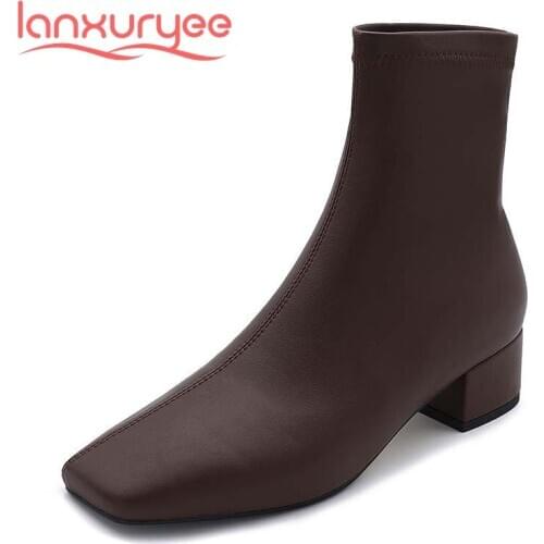Lanxuryee Chelsea boots british school microfiber big size square toe thick med heel stretch office lady maiden ankle boots L22