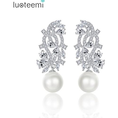 LUOTEEMI Luxury Unique Chic Big White Simulated Pearl Drop Earrings White Color CZ Vintage Wedding Brincos Jewelry for Women