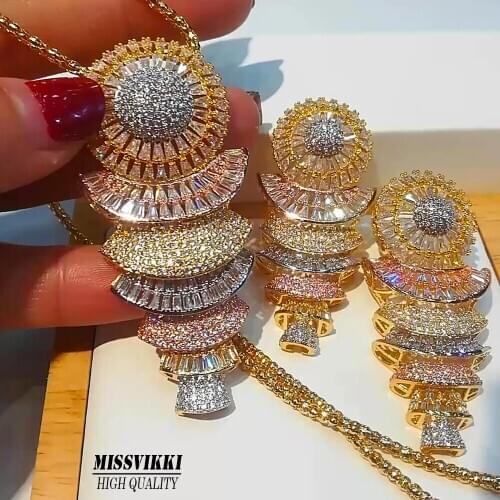 Missvikki New Gorgeous Luxury Trendy Wedding Big Pendant Necklace Earrings Jewelry Sets High Quality Cubic Zircon Accessories